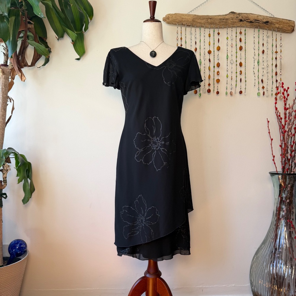 S.L. Fashions Vintage 90s Whimsigoth Black Sequin Floral Flutter Sleeve Dress 8